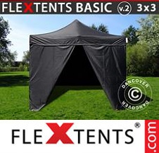 Tente pliante Flextents Basic 3x3m Noir, avec 4 cotés