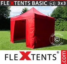 Tente pliante Flextents Basic 3x3m Rouge, avec 4 cotés