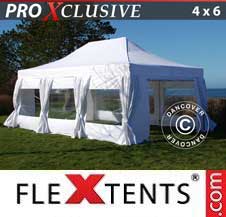 Tente Pliante Flextents Pro 4x6m Blanc, avec 8 cotés & rideaux décoratifs
