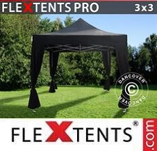 Tente Pliante Flextents Pro 3x3m Noir, incl. 4 rideaux decoratifs