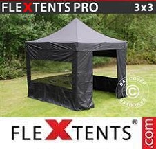 Tente Pliante Flextents Pro 3x3m Noir, avec 4 cotés