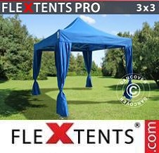 Tente Pliante Flextents Pro 3x3m Bleu, incl. 4 rideaux decoratifs