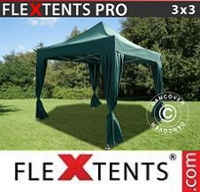 Tente Pliante Flextents Pro 3x3m Vert, incl. 4 rideaux decoratifs