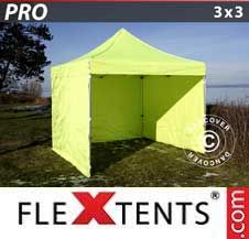 Tente Pliante Flextents Pro 3x3m Néon jaune/vert, avec 4 cotés