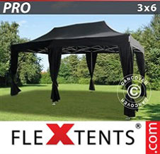 Tente Pliante Flextents Pro 3x6m Noir, incl. 6 rideaux decoratifs