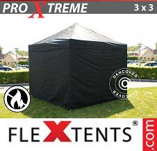 Tente Pliante FleXtents Pro Xtreme 3x3m Noir, Ignifugé, avec 4 cotés