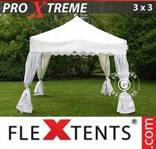 Tente Pliante FleXtents Pro Xtreme 3x3m Blanc, avec 4 rideaux decoratifs